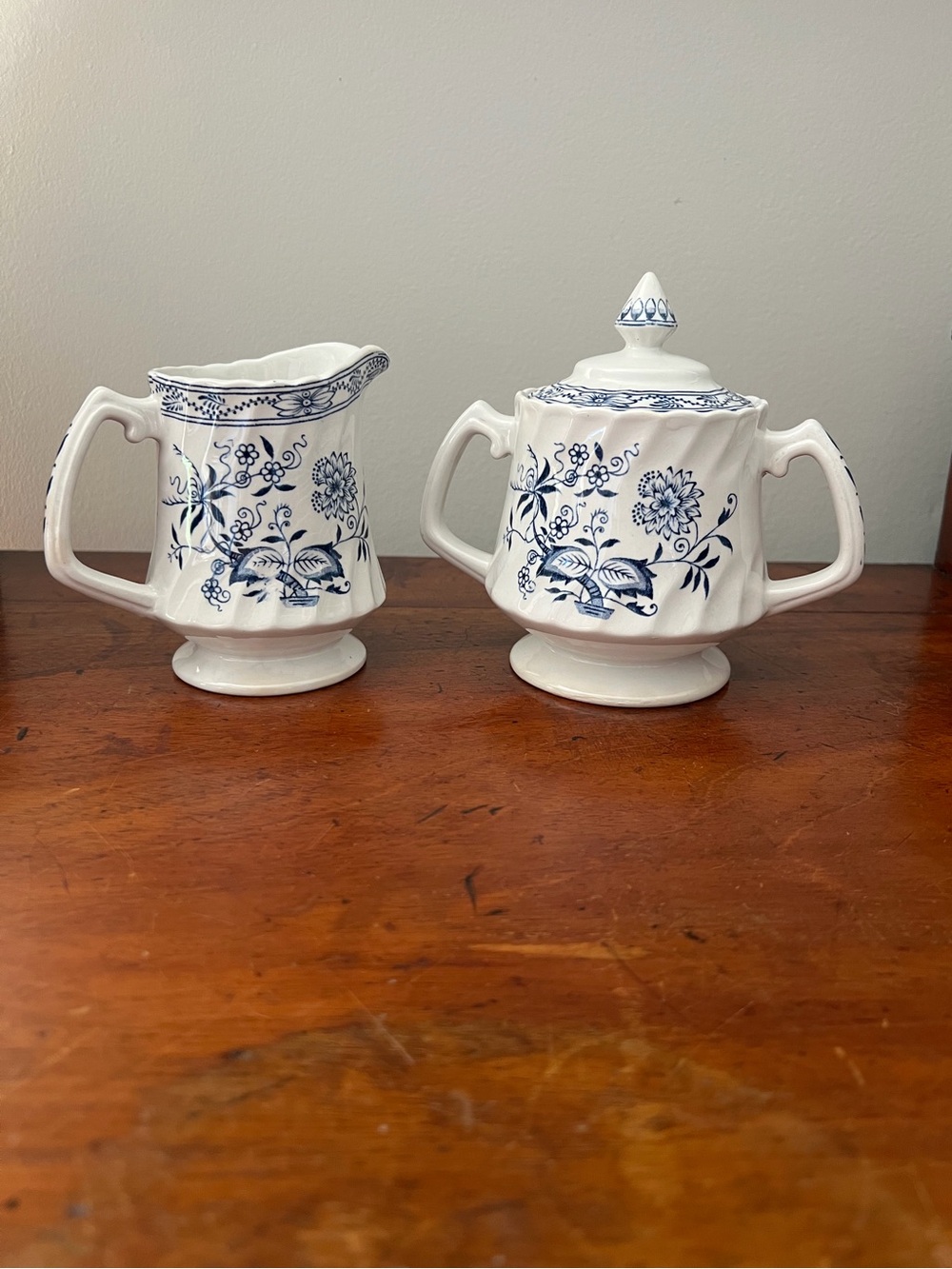 Vintage wood and sons blue fjord creamer, and lidded sugar bowl.  Ironstone